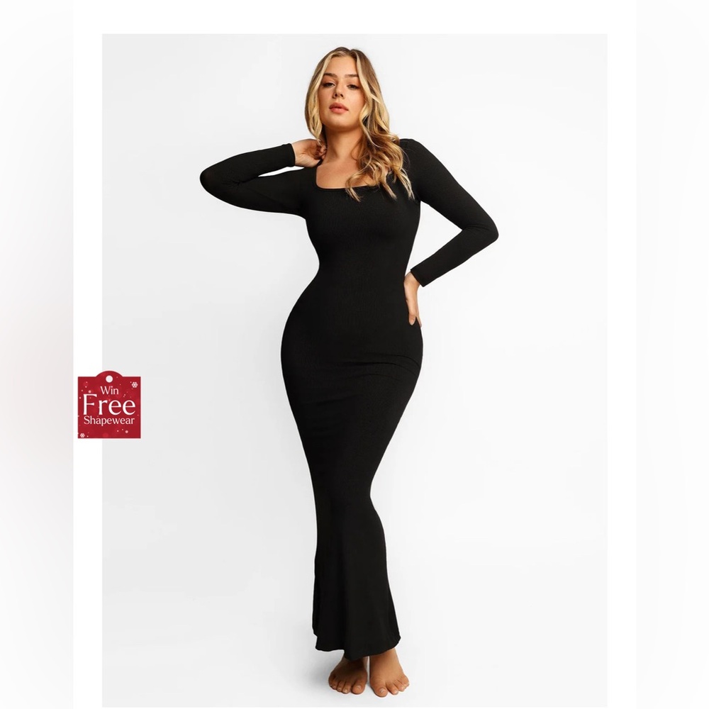 Popilush Shapewear Square Neck Long Sleeve Slimming Modal Maxi Dress in Black M